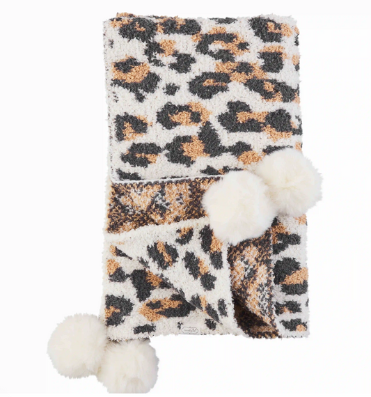 Leopard Blanket with Poofs